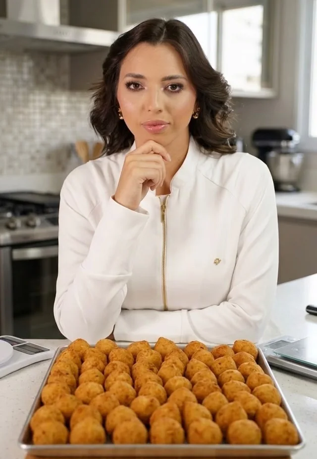 Dahianne Rivas en su cocina con una bandeja de bolitas proteicas recién hechas