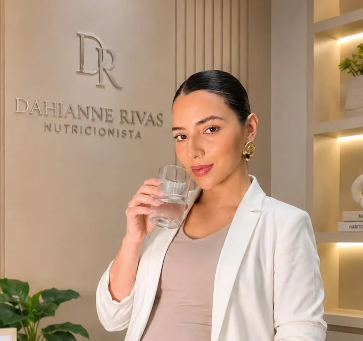 Dahianne Rivas en su consultorio, con su monograma DR en la pared